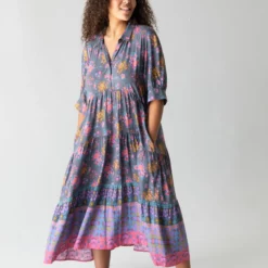 Natural Life Rebecca Tiered Dress - Charcoal Blue Border -Natural Life Shop 1A2A0232 scaled