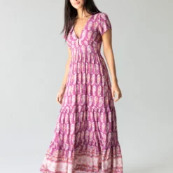 Natural Life Evangeline V-Neck Maxi Dress - Purple Border