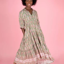 Natural Life Rebecca Tiered Dress - Light Green Floral Border -Natural Life Shop 1A2A0478 scaled