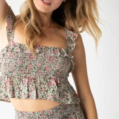 Natural Life Megan Smocked Top - Green Pink Leaf