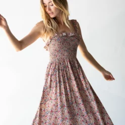 Natural Life Megan Smocked Midi Dress - Cream Pink Floral