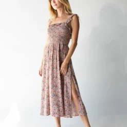Natural Life Megan Smocked Midi Dress - Cream Pink Floral -Natural Life Shop 1A2A4684 scaled