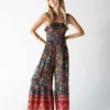 Natural Life Megan Smocked Jumpsuit - Navy Red Floral Border
