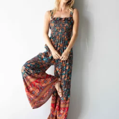 Natural Life Megan Smocked Jumpsuit - Navy Red Floral Border -Natural Life Shop 1A2A5128 scaled