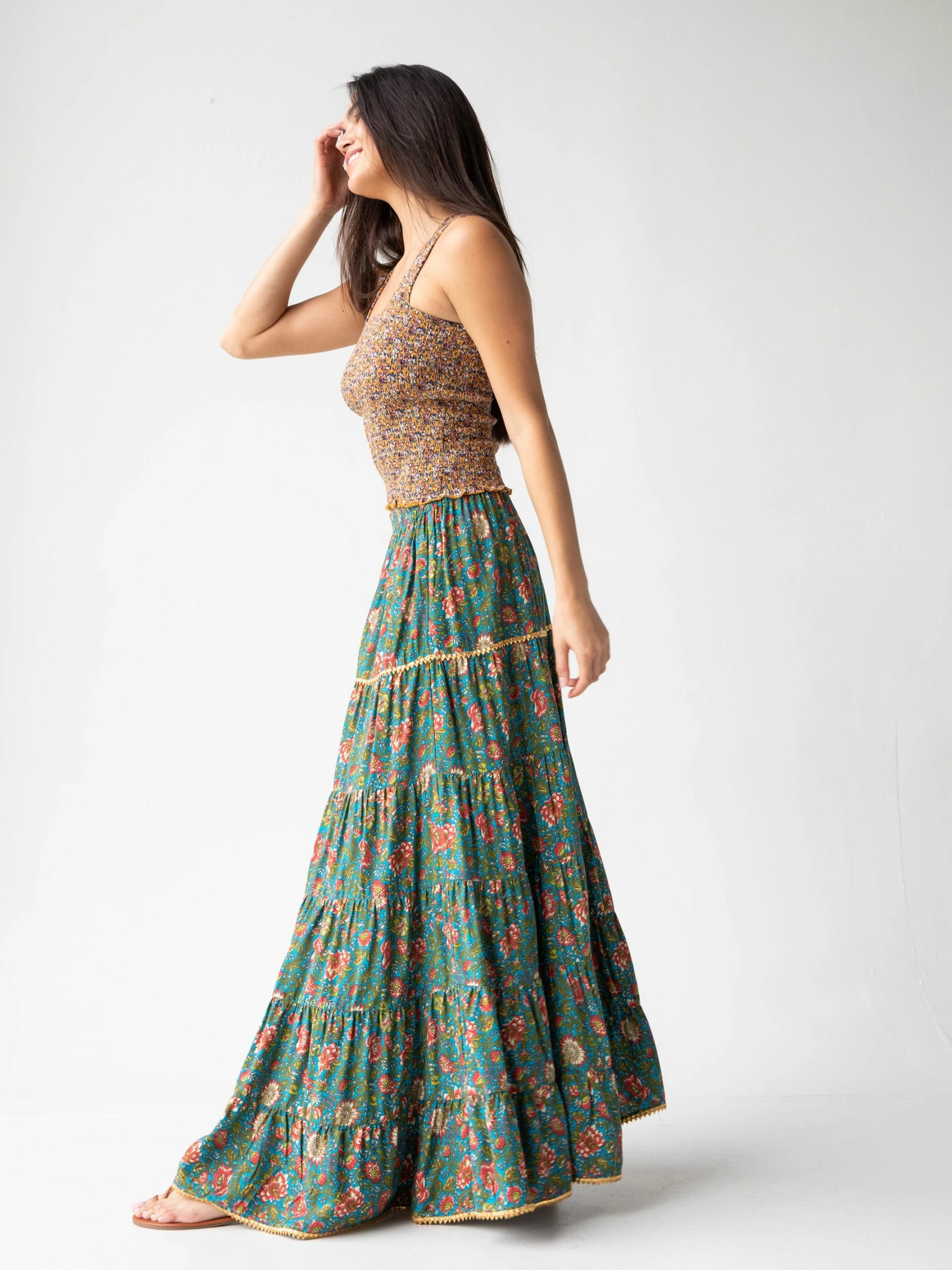 Natural Life Gabi Tiered Maxi Skirt - Teal Red Floral 7 Natural Life Gabi Tiered Maxi Skirt - Teal Red Floral - Image 5