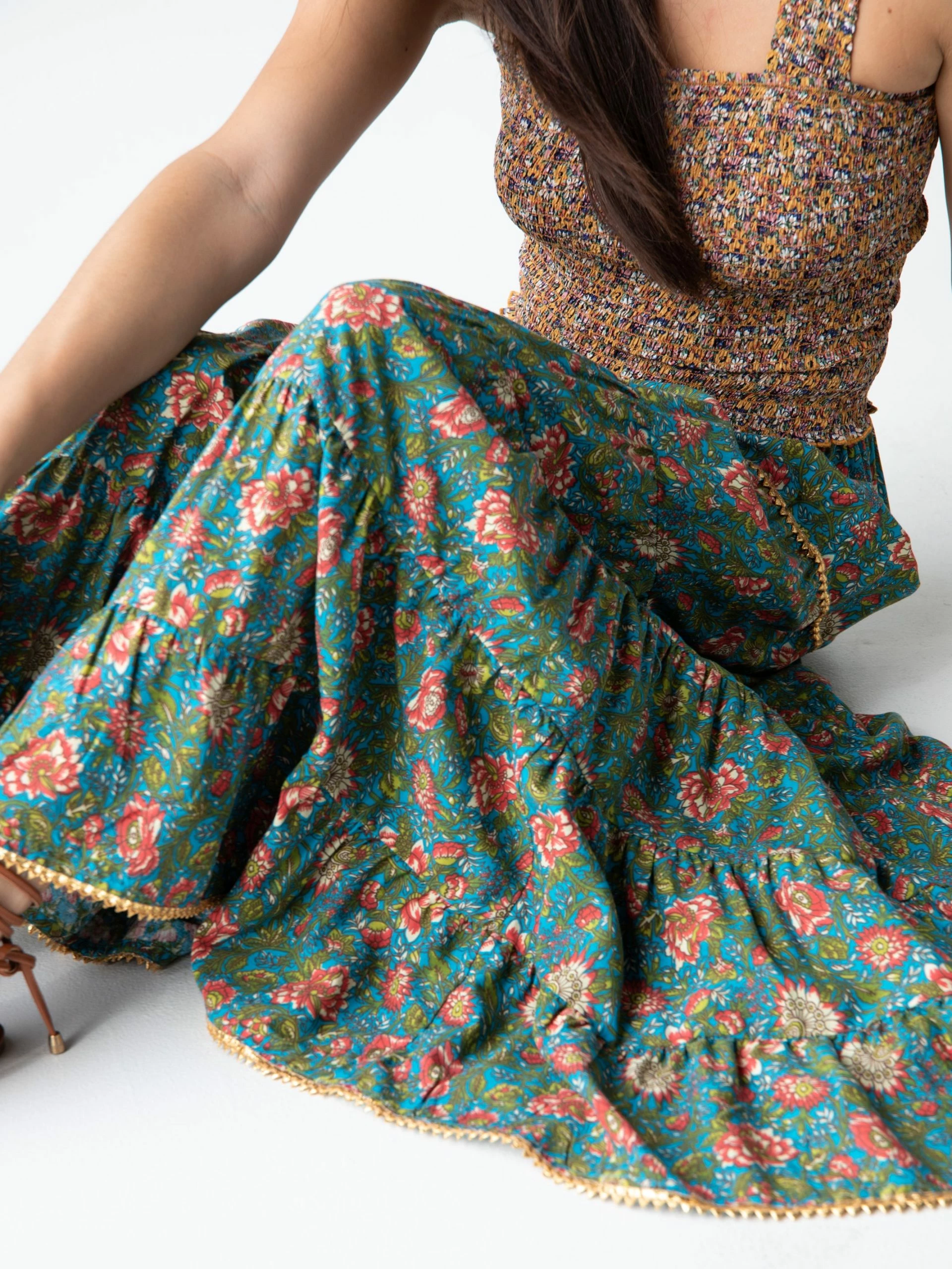 Natural Life Gabi Tiered Maxi Skirt - Teal Red Floral 5 Natural Life Gabi Tiered Maxi Skirt - Teal Red Floral - Image 3