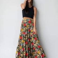 Natural Life Hanna Convertible Maxi Skirt - Black Red Poppy