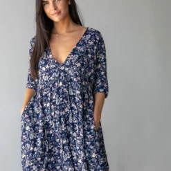Natural Life Stella V-Neck Dress - Navy Tan Floral