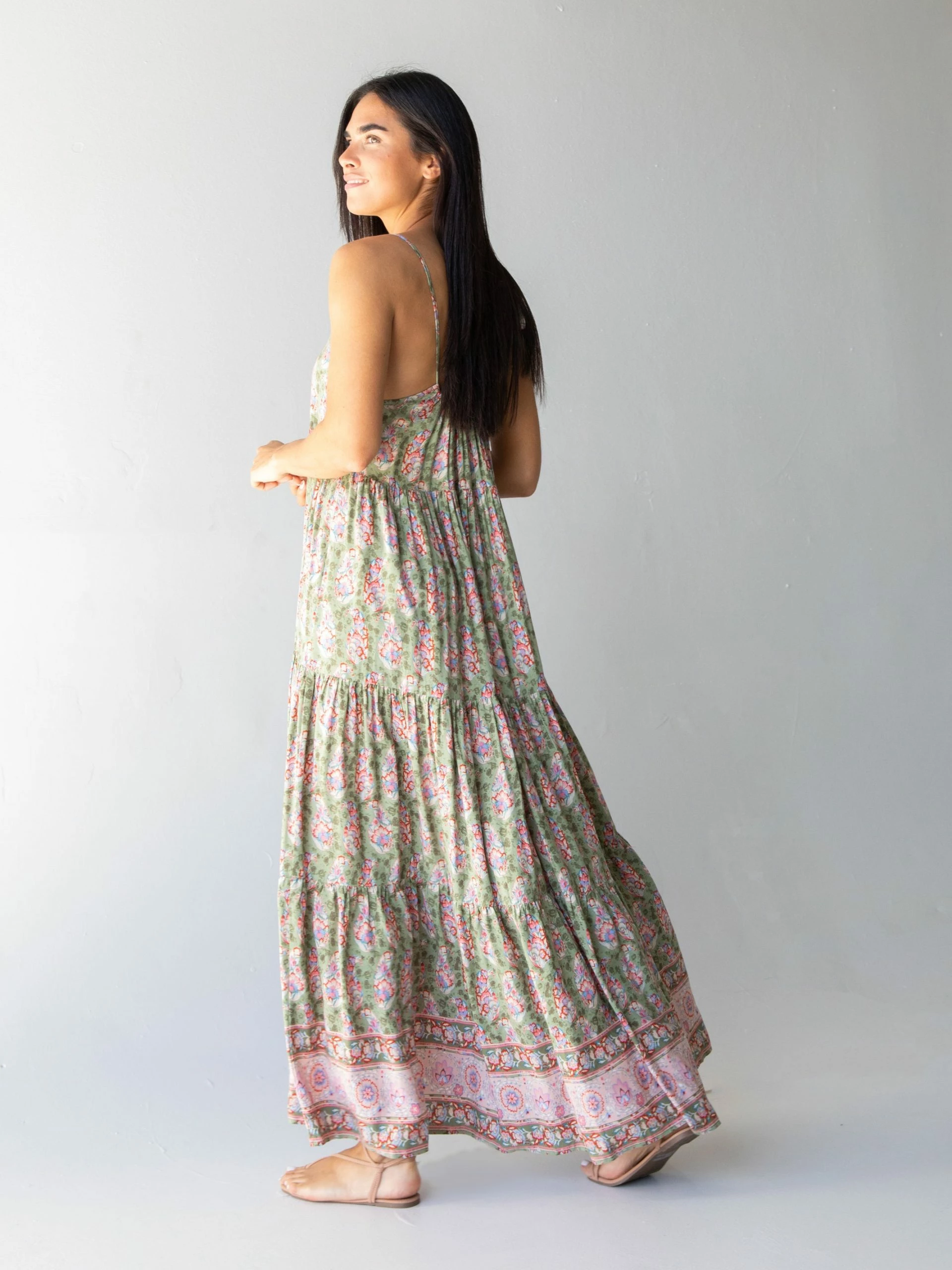 Natural Life Madi Long Slip Dress - Light Green Floral Border 7 Natural Life Madi Long Slip Dress - Light Green Floral Border - Image 5