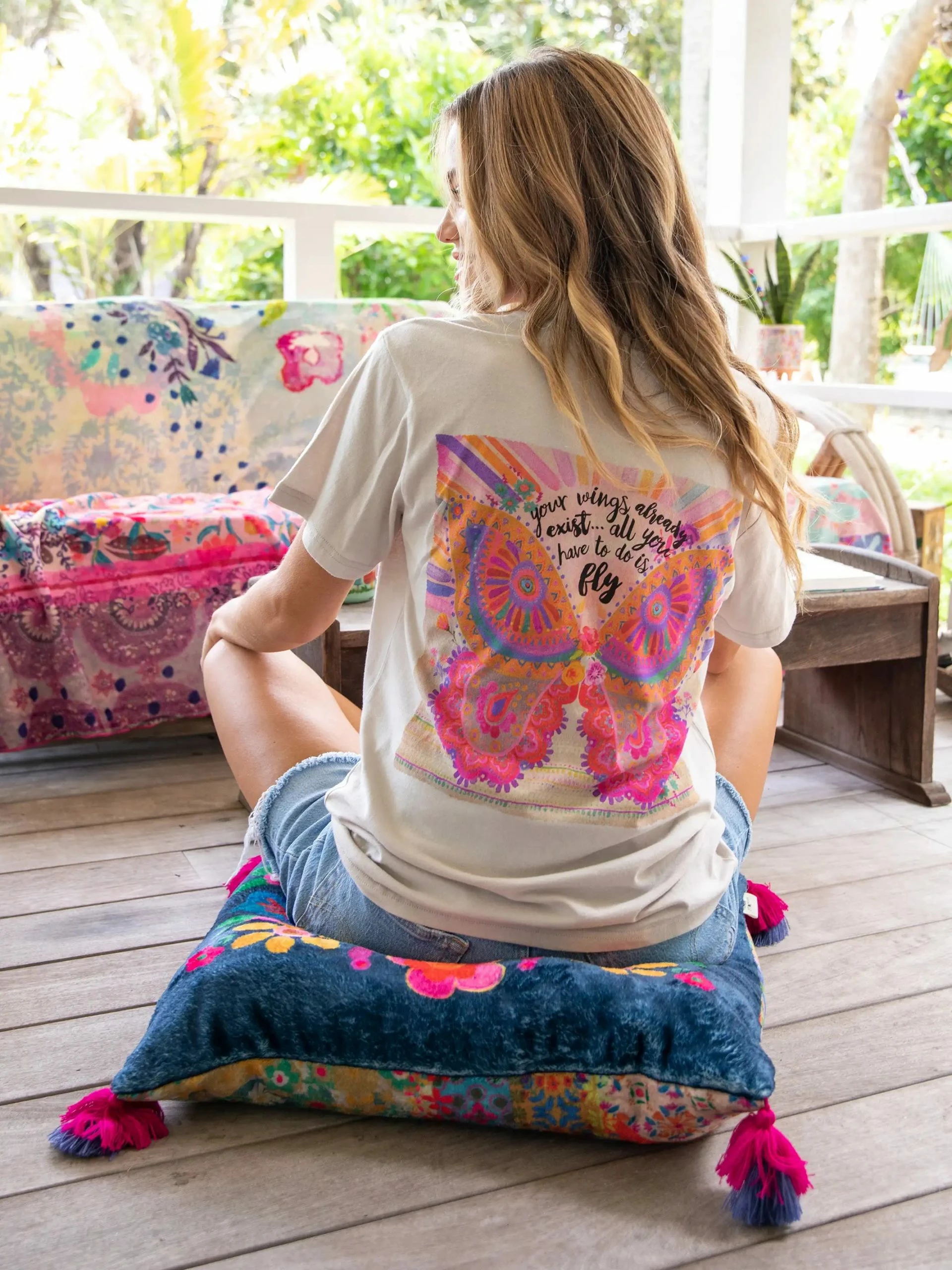 Natural Life Cozy Pillow Floor Cushion - Teal Folk Flower 5 Natural Life Cozy Pillow Floor Cushion - Teal Folk Flower - Image 3