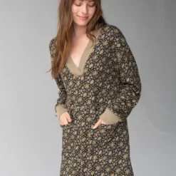 Natural Life Charlie Long Sleeve V-Neck Dress - Black Tan Daisies