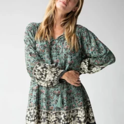 Natural Life Dara V-Neck Mini Dress - Sage Black Floral Border -Natural Life Shop 484A0464 20copy scaled