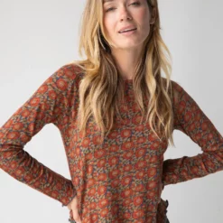 Natural Life Lily Printed Knit Long Sleeve Tee Shirt - Blue Red Vines