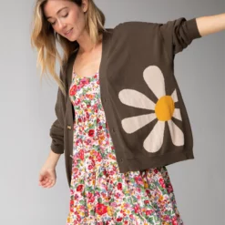 Natural Life Live Happy Cardigan Sweater - Olive Daisy -Natural Life Shop 484A0564 20copy