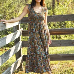 Natural Life Olivia Smocked Maxi Dress - Olive Floral