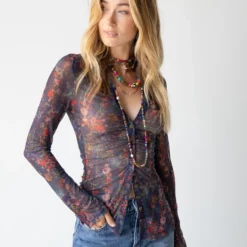 Natural Life Carina Mesh Top - Watercolor Indigo Floral