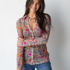 Natural Life Carina Mesh Top - Grey Bright Floral