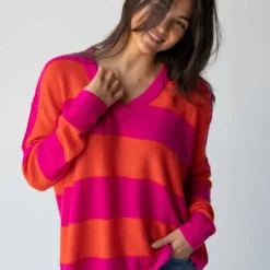 Natural Life Slouchy V-Neck Sweater - Pink Stripe