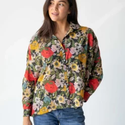 Natural Life Lara Button Down - Black Red Poppy