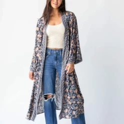 Natural Life Camila Kimono - Charcoal Light Blue Floral