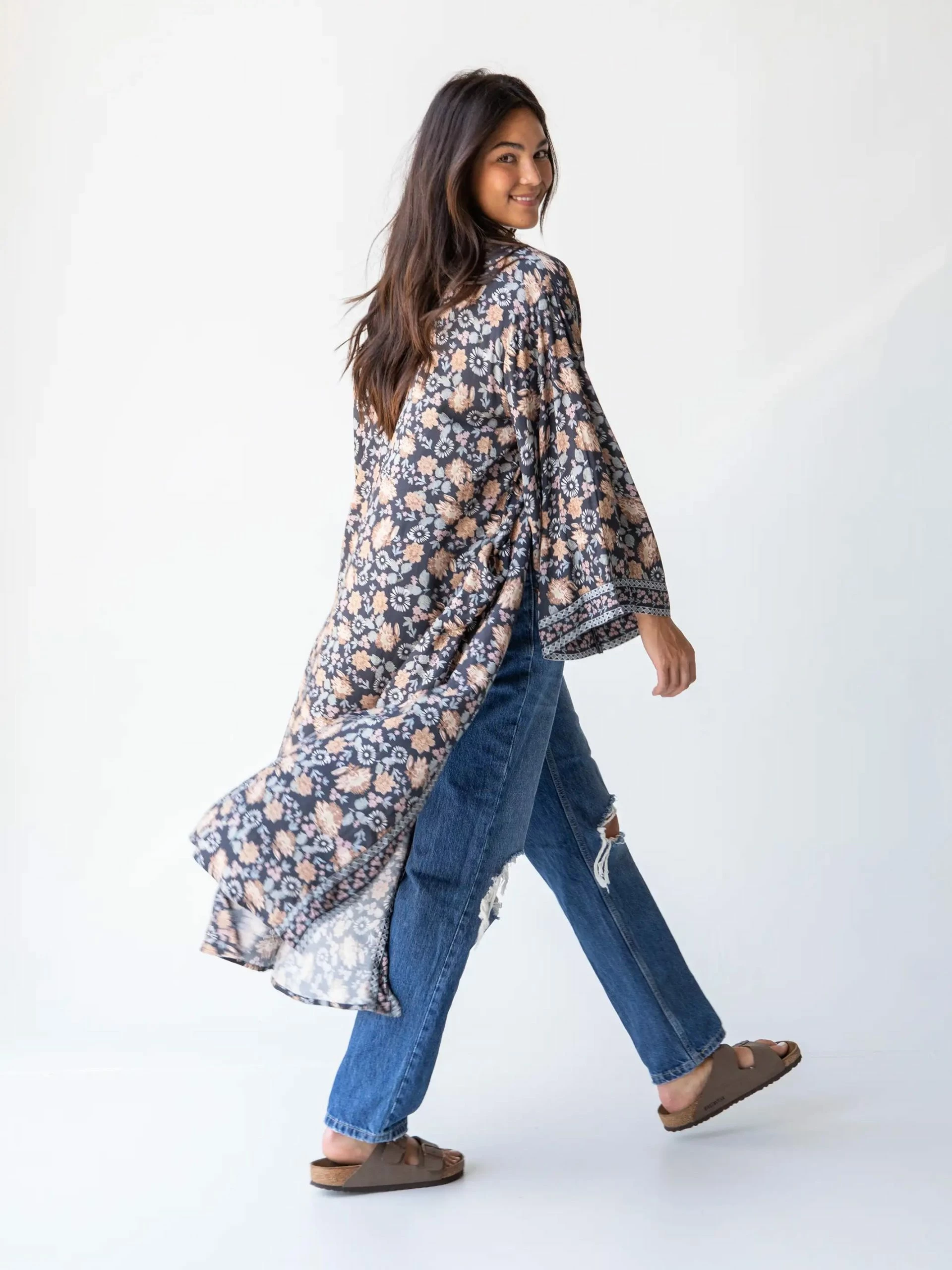 Natural Life Camila Kimono - Charcoal Light Blue Floral 5 Natural Life Camila Kimono - Charcoal Light Blue Floral - Image 3