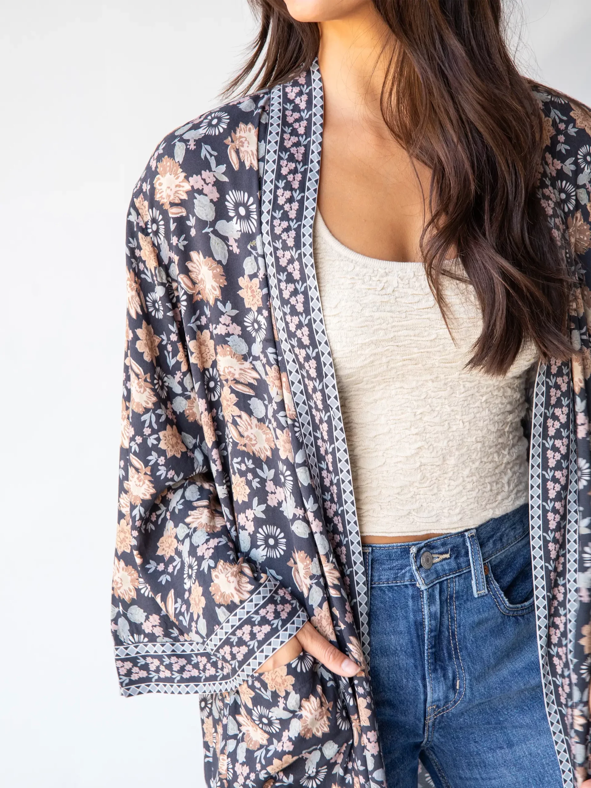 Natural Life Camila Kimono - Charcoal Light Blue Floral 4 Natural Life Camila Kimono - Charcoal Light Blue Floral - Image 2