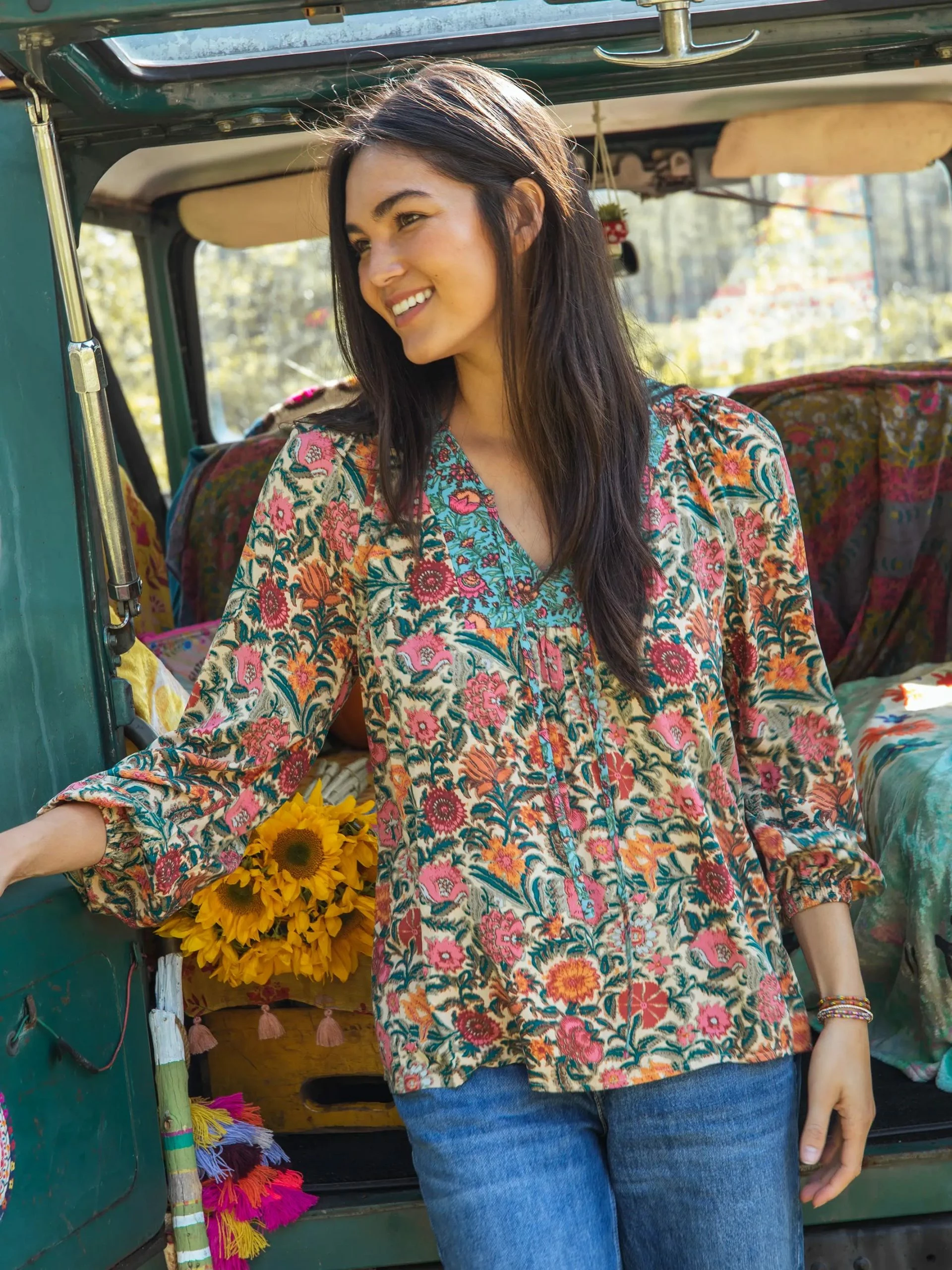 Natural Life Rowan Top - Cream Turquoise Mix 4 Natural Life Rowan Top - Cream Turquoise Mix - Image 2