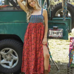 Natural Life Patti Side Slit Maxi Dress - Red Orange Mixed Print