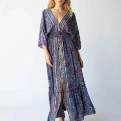 Natural Life Celia Maxi Dress - Cranberry Navy Paisley