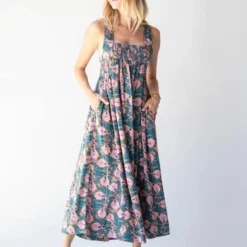 Natural Life Claudia Smocked Maxi Dress - Pink Blue Floral