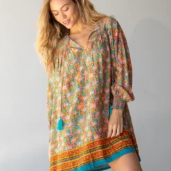 Natural Life Dara V-Neck Mini Dress - Turquoise Orange Border -Natural Life Shop 484A5595 20copy scaled