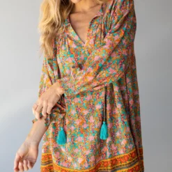 Natural Life Dara V-Neck Mini Dress - Turquoise Orange Border