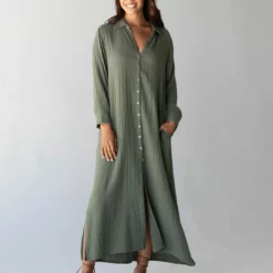 Natural Life Drew Gauze Shirt Dress - Olive -Natural Life Shop 484A5993 scaled
