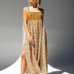 Natural Life Patti Side Slit Maxi Dress - Turquoise Orange Mixed Print