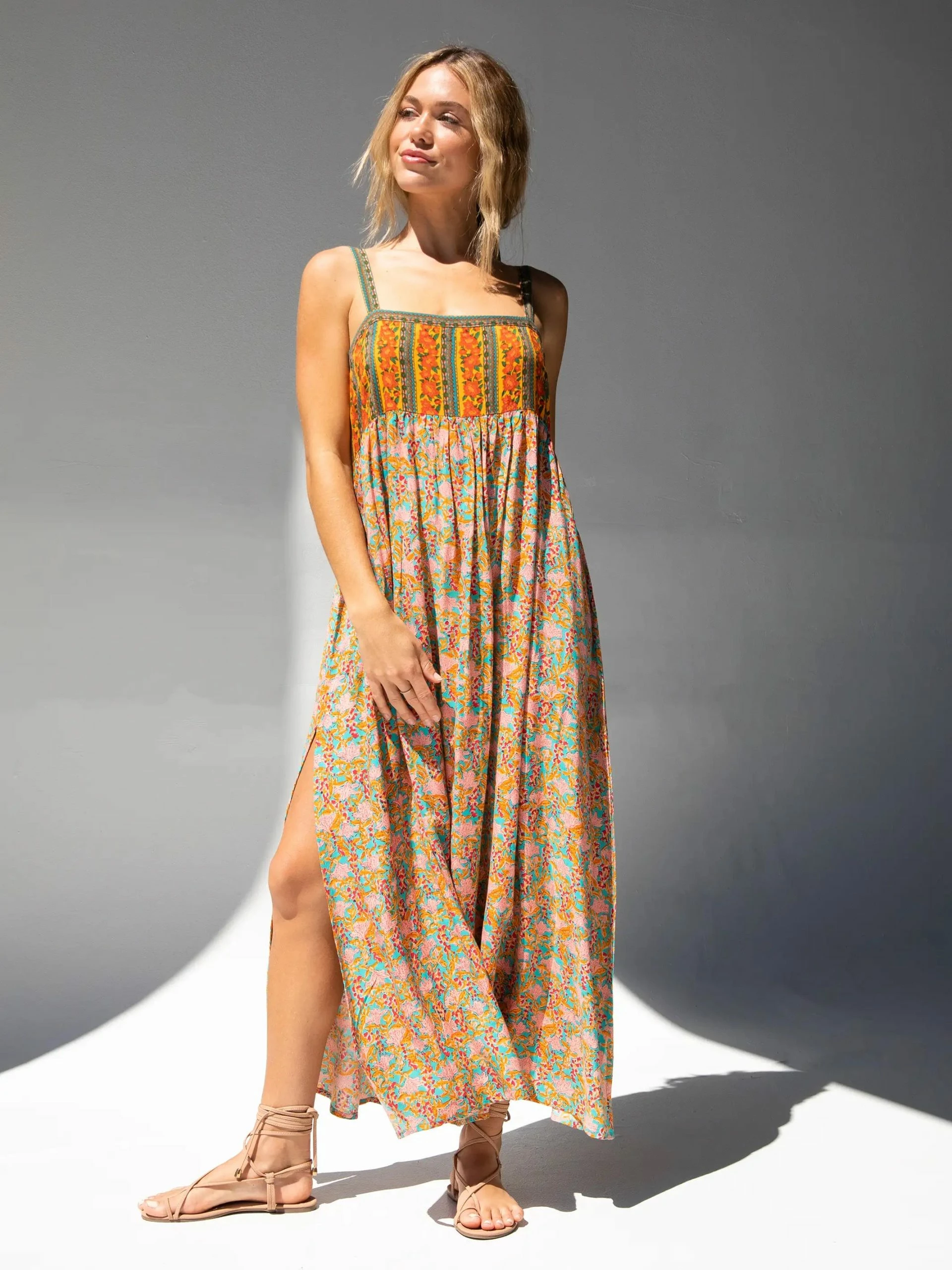 Natural Life Patti Side Slit Maxi Dress - Turquoise Orange Mixed Print 3 Natural Life Patti Side Slit Maxi Dress - Turquoise Orange Mixed Print