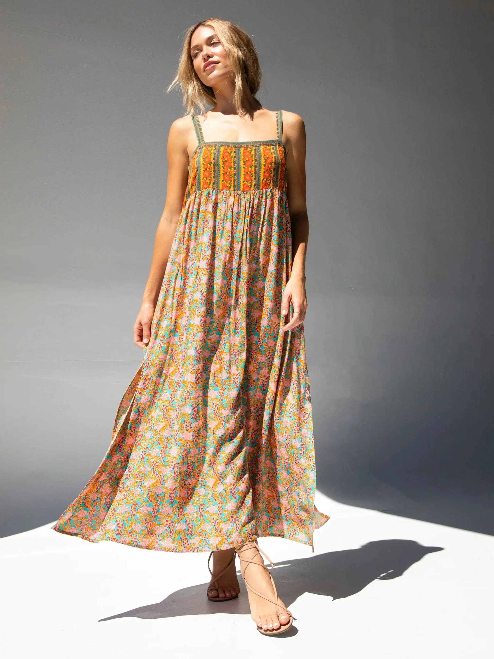 Natural Life Patti Side Slit Maxi Dress - Turquoise Orange Mixed Print 6 Natural Life Patti Side Slit Maxi Dress - Turquoise Orange Mixed Print - Image 4