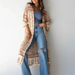 Natural Life Let's Go West Kaftan - Dusty Rose Floral Border