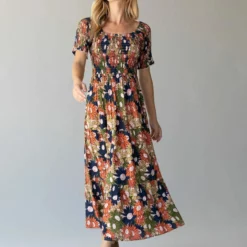 Natural Life Daisy Tiered Midi Dress - Navy Yellow Floral
