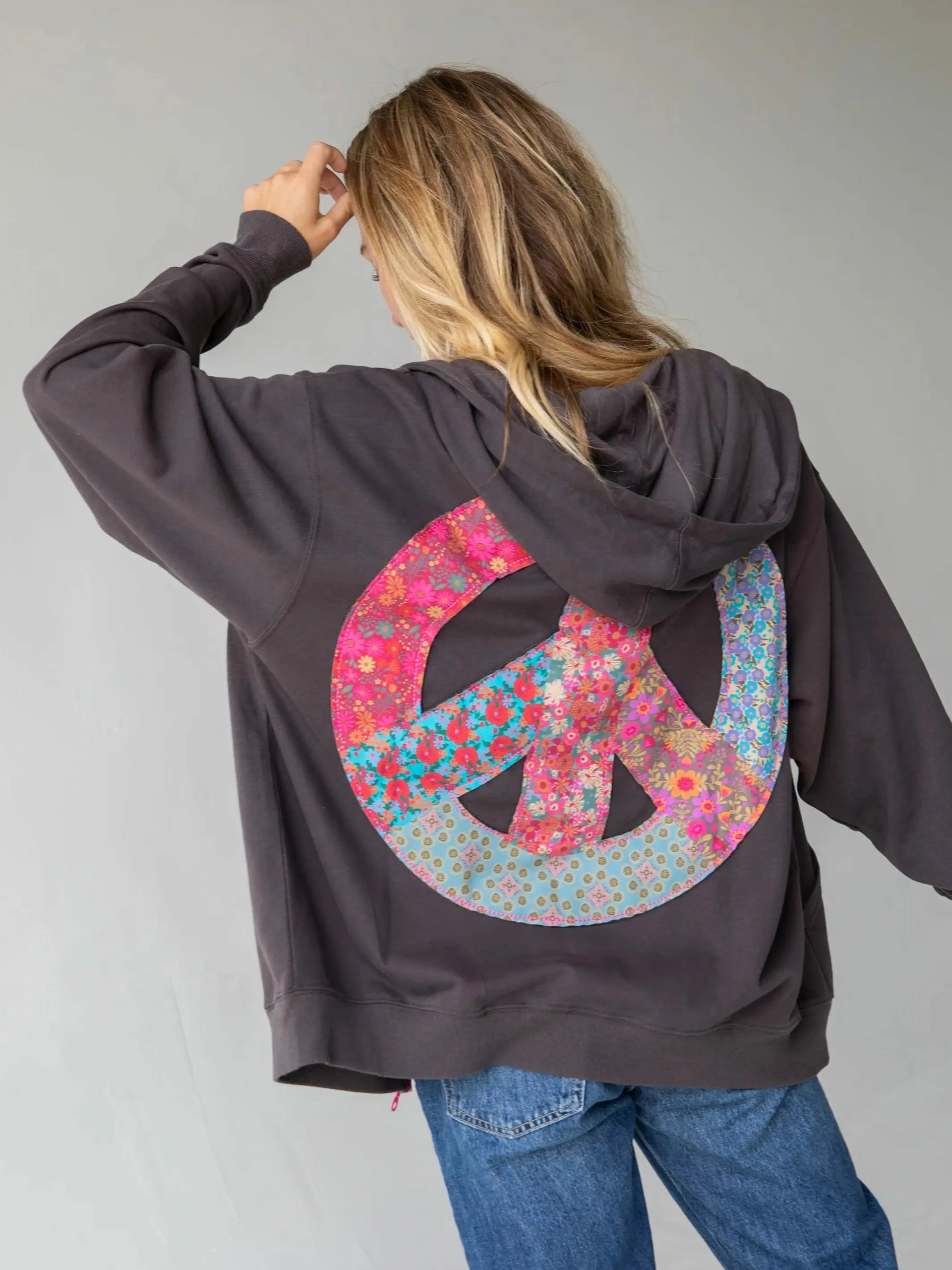 Natural Life Applique Zip-Up Hoodie - Charcoal Peace 3 Natural Life Applique Zip-Up Hoodie - Charcoal Peace