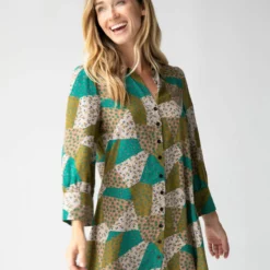 Natural Life Twiggy Mini Shirt Dress - Green Floral Patchwork