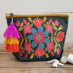 Natural Life Canvas Zip Pouch - Charcoal Folk Floral