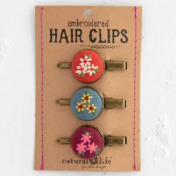 Natural Life Embroidered Button Hair Clips, Set Of 3
