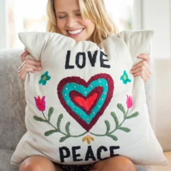 Natural Life Hand Embroidered Pillow - Love Peace