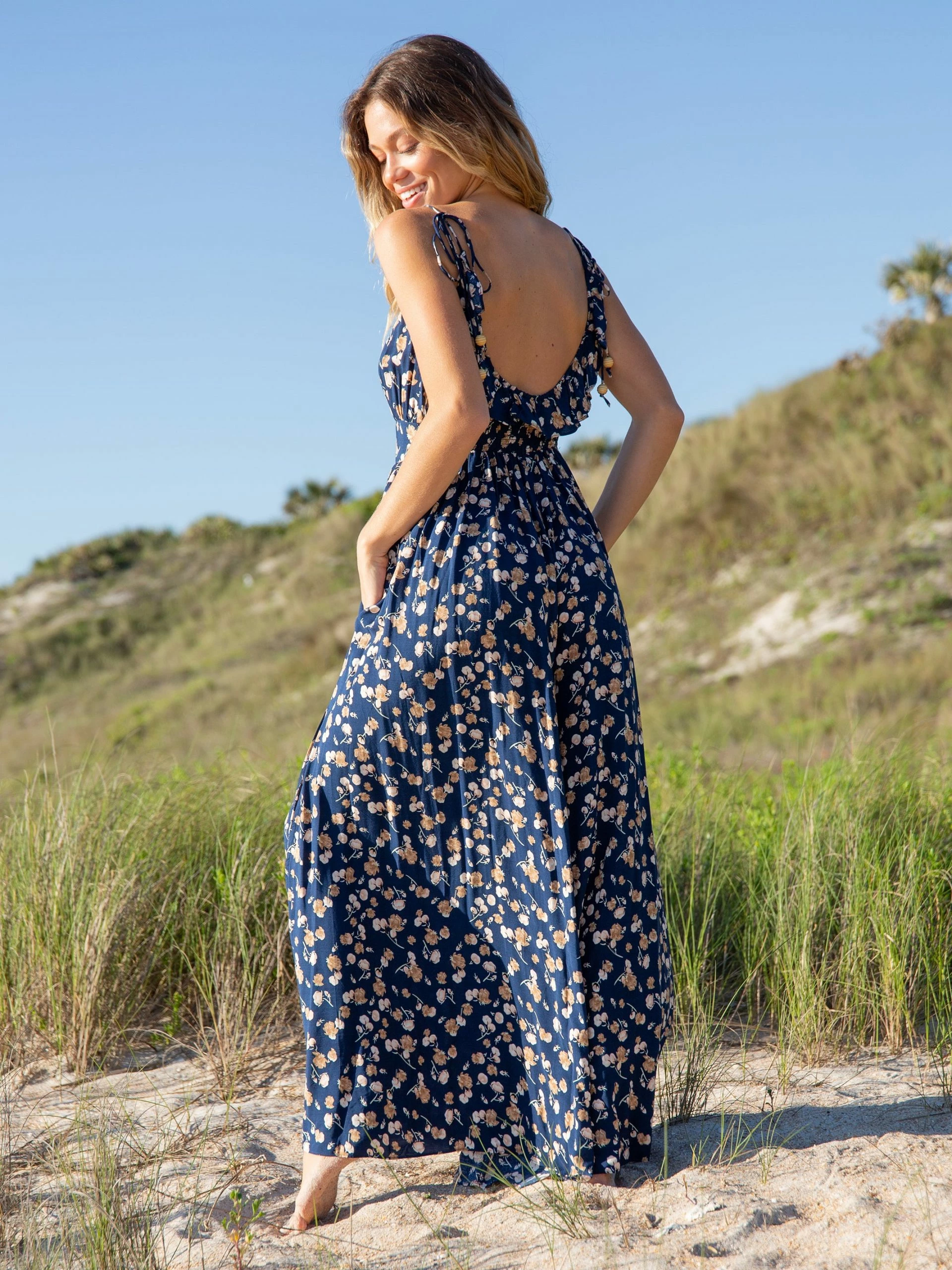 Natural Life Golden Eye Wide-Leg Jumpsuit - Navy Tan Floral 4 Natural Life Golden Eye Wide-Leg Jumpsuit - Navy Tan Floral - Image 2
