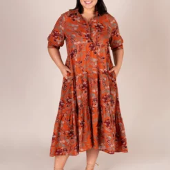 Natural Life Rebecca Tiered Dress - Burnt Orange Floral -Natural Life Shop LHDRS1400 Rebecca Dress Orange Floral XL scaled