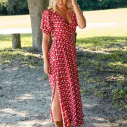 Natural Life Sophia Wrap Midi Dress - Red Ditsy Floral