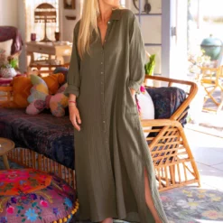 Natural Life Drew Gauze Shirt Dress - Olive -Natural Life Shop LHDRS1729 google scaled