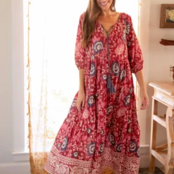Natural Life Auguste Boho Maxi Dress - Red Pink Border