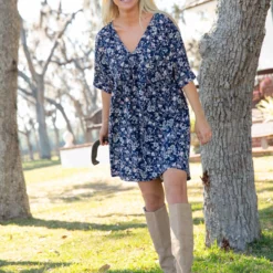 Natural Life Stella V-Neck Dress - Navy Tan Floral -Natural Life Shop LHDRS1805 3 scaled