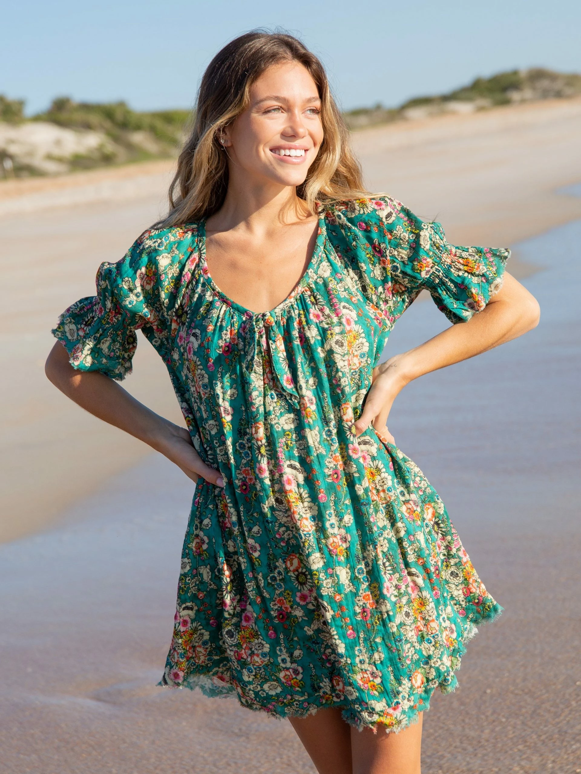 Natural Life Sienna Cotton Gauze Mini Dress - Turquoise Bouquets 6 Natural Life Sienna Cotton Gauze Mini Dress - Turquoise Bouquets - Image 4